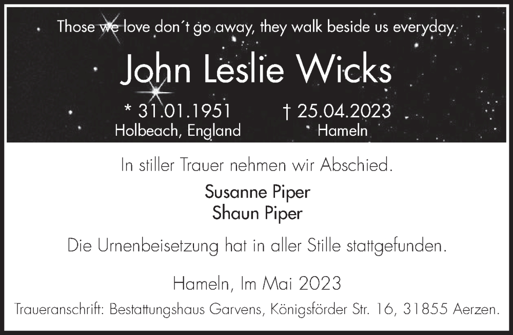  Traueranzeige für John Leslie Wicks vom 13.05.2023 aus Deister- und Weserzeitung