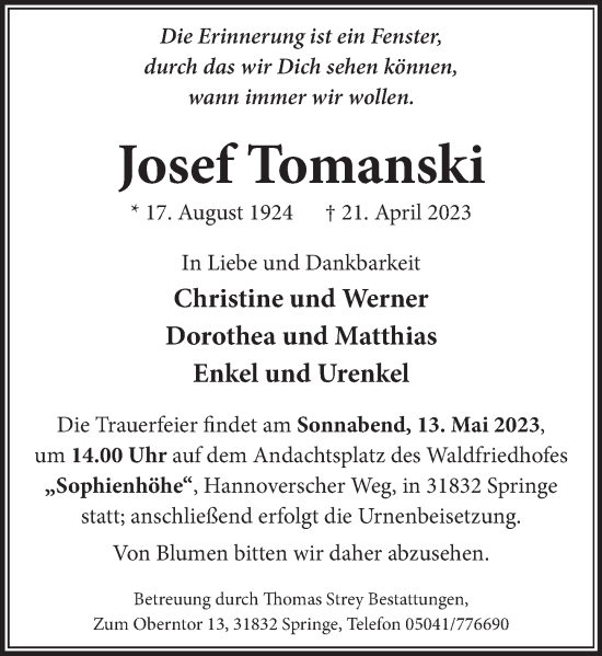 Traueranzeige von Josef Tomanski von Neue Deister-Zeitung