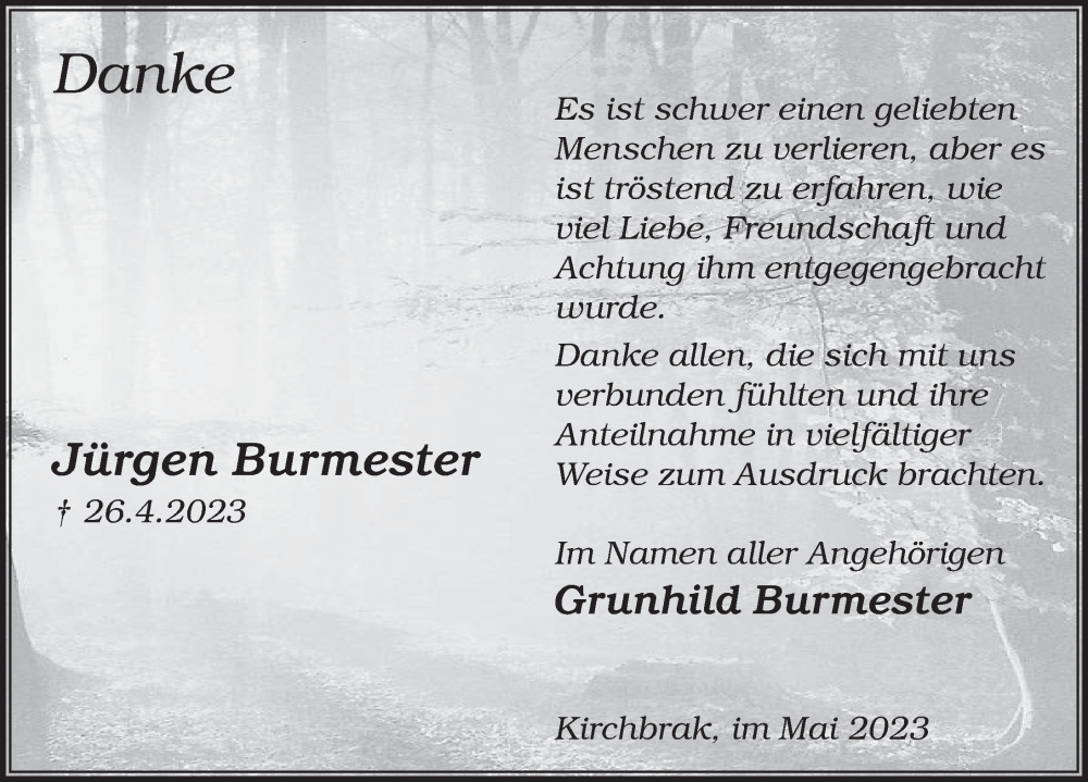  Traueranzeige für Jürgen Burmester vom 27.05.2023 aus Deister- und Weserzeitung