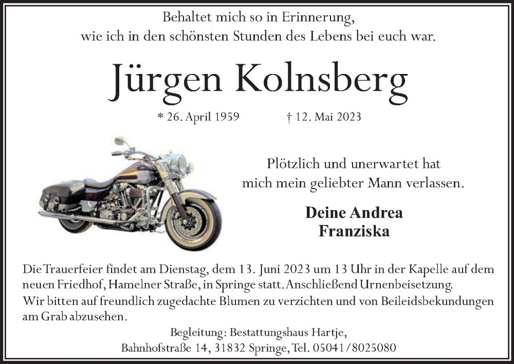  Traueranzeige für Jürgen Kolnsberg vom 27.05.2023 aus Neue Deister-Zeitung