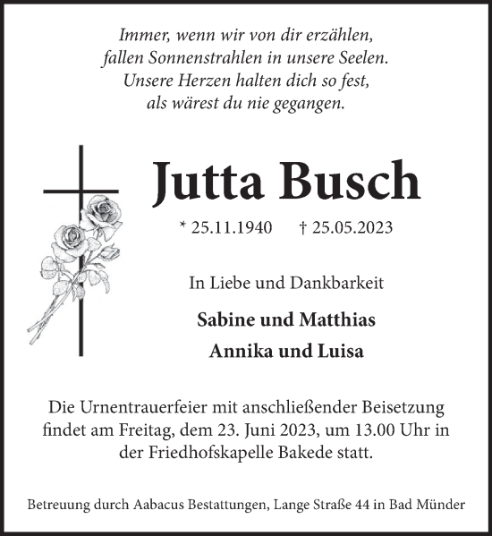 Traueranzeige von Jutta Busch von Neue Deister-Zeitung