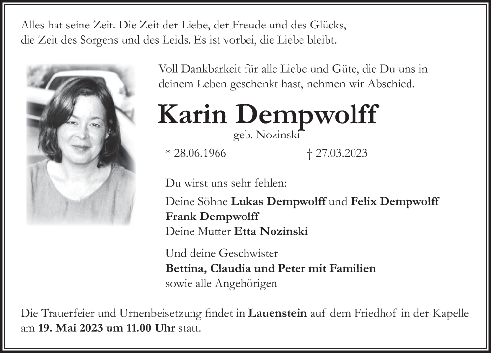  Traueranzeige für Karin Dempwolff vom 06.05.2023 aus Deister- und Weserzeitung