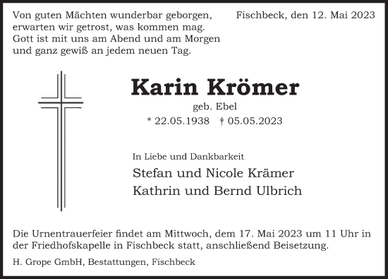 Traueranzeige von Karin Krömer von Deister- und Weserzeitung