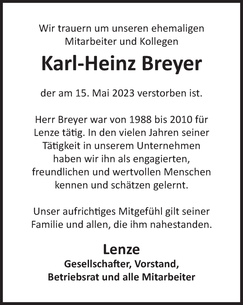  Traueranzeige für Karl-Heinz Breyer vom 27.05.2023 aus Deister- und Weserzeitung