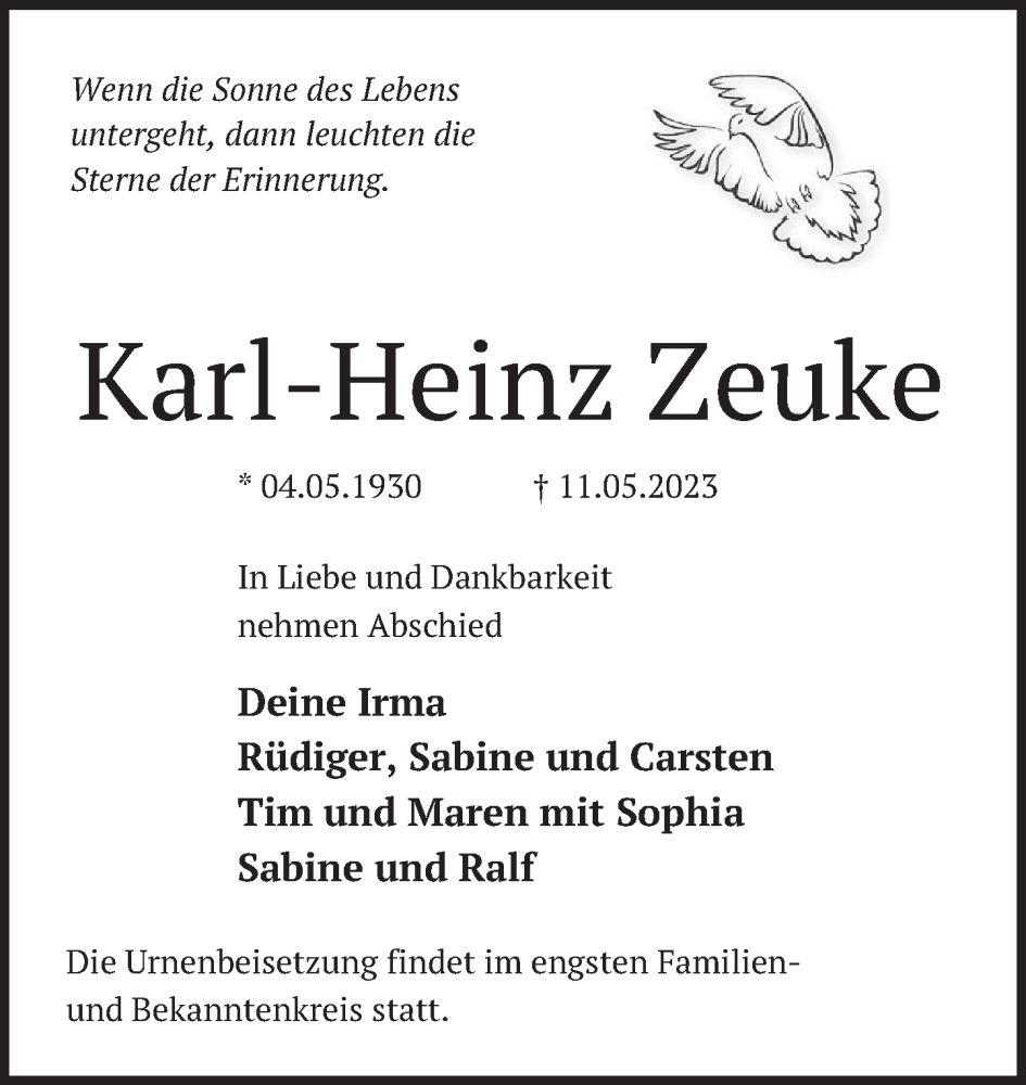  Traueranzeige für Karl-Heinz Zeuke vom 20.05.2023 aus Neue Deister-Zeitung