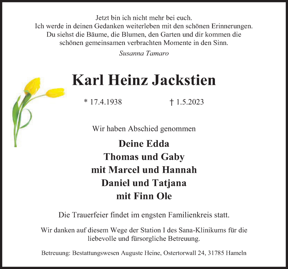  Traueranzeige für Karl Heinz Jackstien vom 20.05.2023 aus Deister- und Weserzeitung