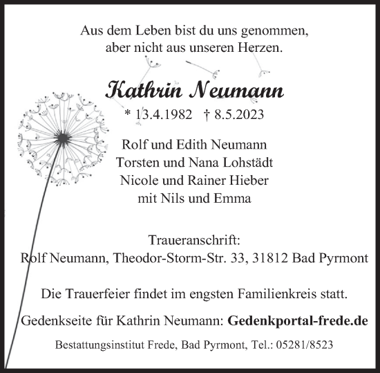 Traueranzeige von Kathrin Neumann von Deister- und Weserzeitung