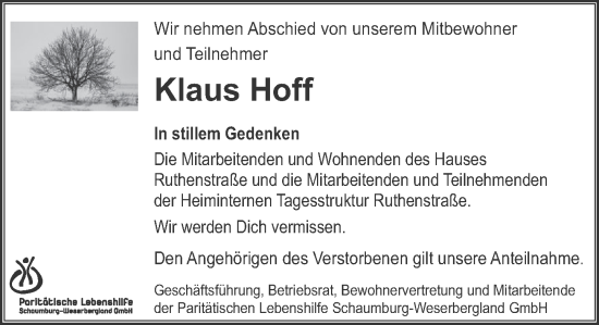 Traueranzeige von Klaus Hoff von Deister- und Weserzeitung
