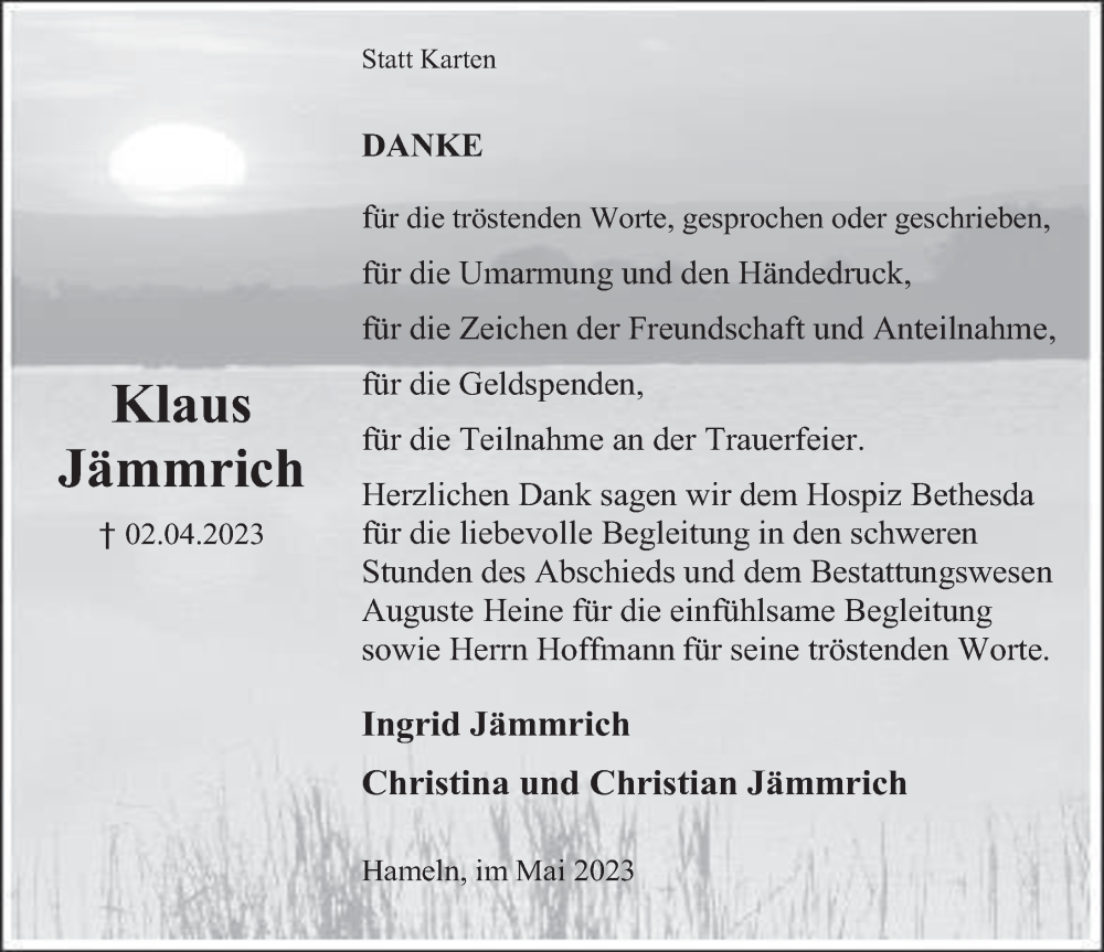  Traueranzeige für Klaus Jämmrich vom 20.05.2023 aus Deister- und Weserzeitung
