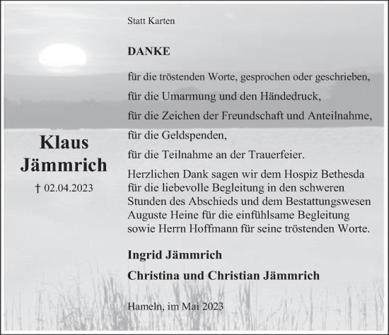 Traueranzeige von Klaus Jämmrich von Deister- und Weserzeitung