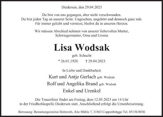 Traueranzeige von Lisa Wodsak von Deister- und Weserzeitung