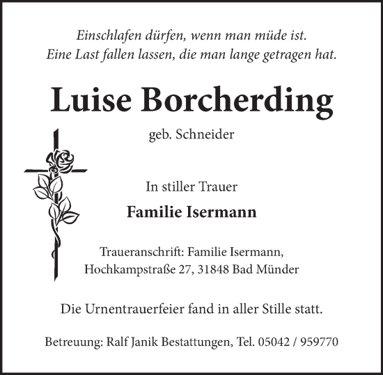Traueranzeige von Luise Borcherding von Neue Deister-Zeitung