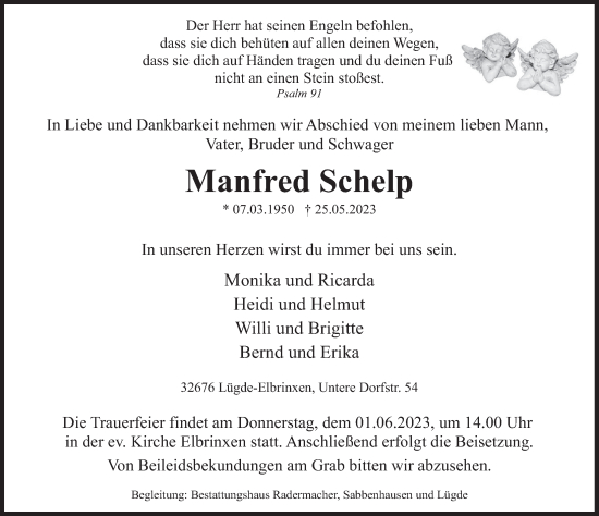 Traueranzeige von Manfred Schelp von Deister- und Weserzeitung