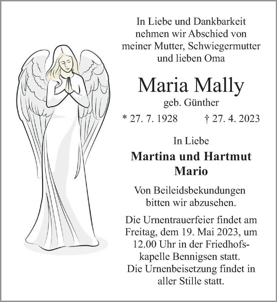  Traueranzeige für Maria Mally vom 13.05.2023 aus Neue Deister-Zeitung
