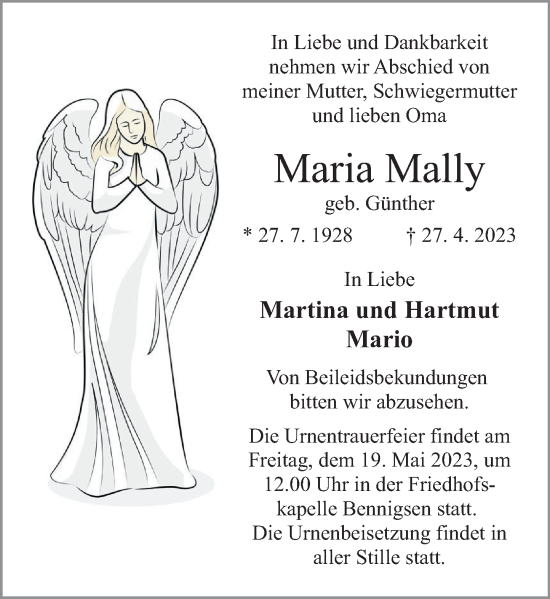 Traueranzeige von Maria Mally von Neue Deister-Zeitung