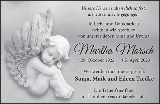 Traueranzeige von Martha Morsch von Neue Deister-Zeitung
