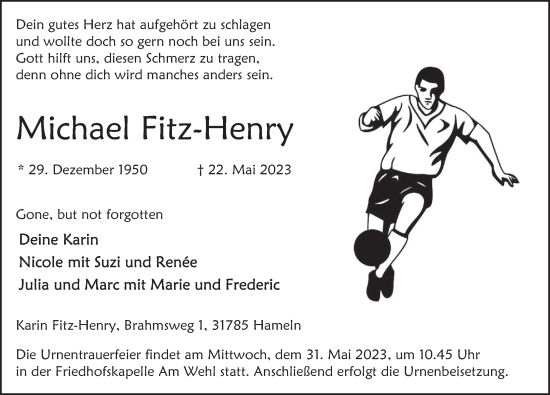 Traueranzeige von Michael Fitz-Henry von Deister- und Weserzeitung