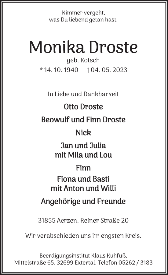 Traueranzeige von Monika Droste von Deister- und Weserzeitung