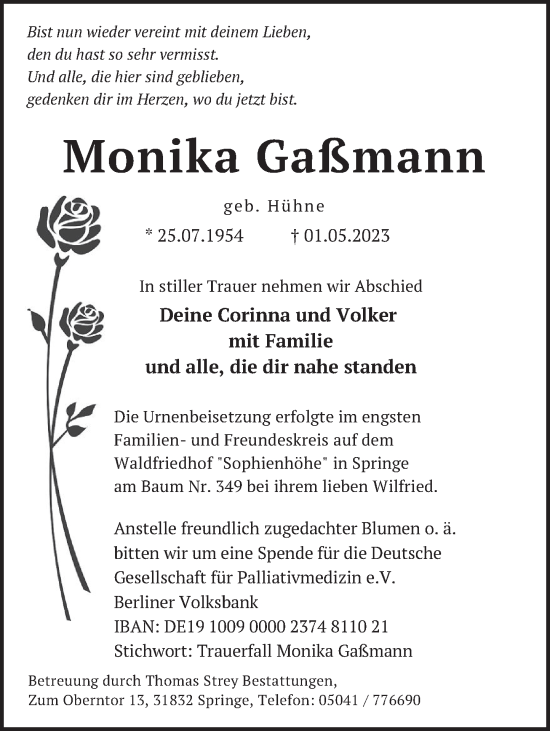 Traueranzeige von Monika Gaßmann von Neue Deister-Zeitung