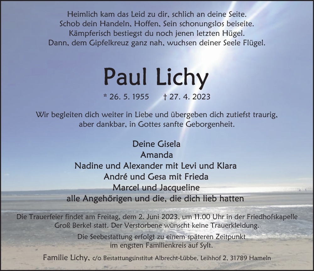  Traueranzeige für Paul Lichy vom 13.05.2023 aus Deister- und Weserzeitung