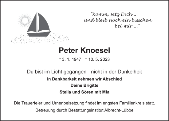 Traueranzeige von Peter Knoesel von Deister- und Weserzeitung