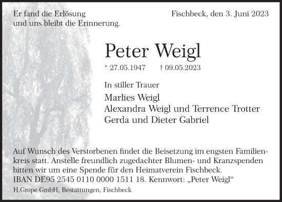 Traueranzeige von Peter Weigl von Deister- und Weserzeitung