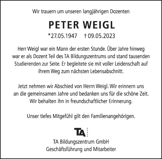 Traueranzeige von Peter Weigl von Deister- und Weserzeitung