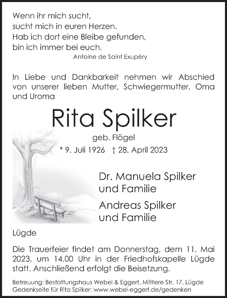 Traueranzeige für Rita Spilker vom 06.05.2023 aus Deister- und Weserzeitung
