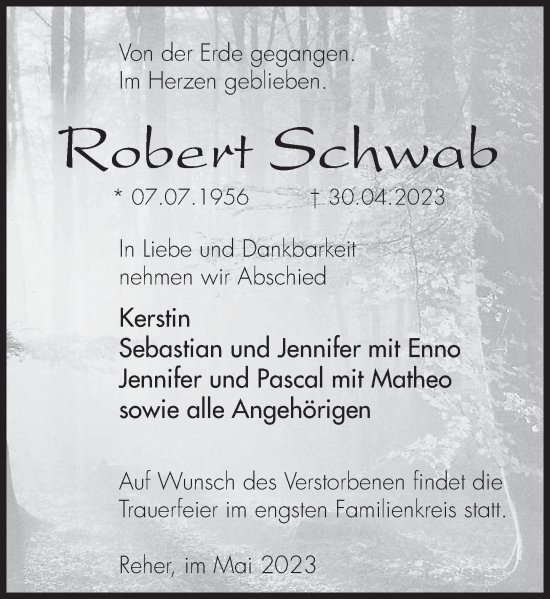Traueranzeige von Robert Schwab von Deister- und Weserzeitung