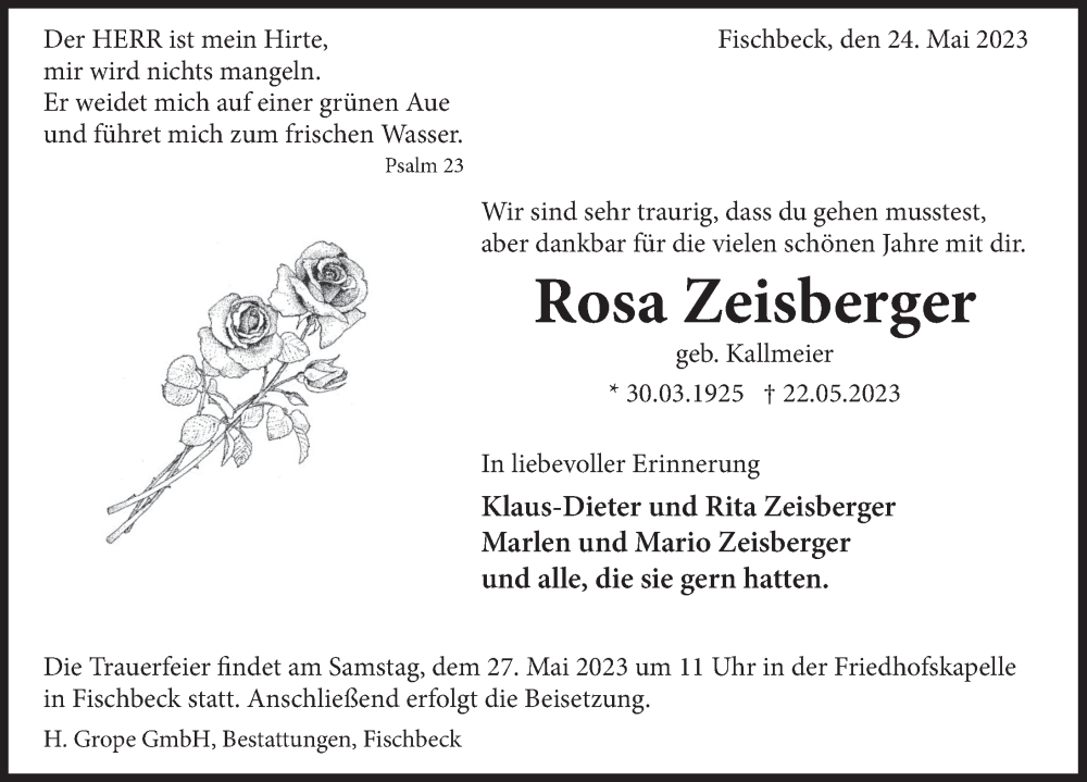  Traueranzeige für Rosa Zeisberger vom 24.05.2023 aus Deister- und Weserzeitung