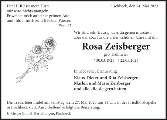 Traueranzeige von Rosa Zeisberger von Deister- und Weserzeitung