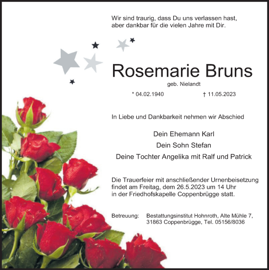 Traueranzeige von Rosemarie Bruns von Deister- und Weserzeitung
