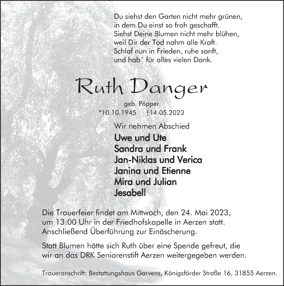  Traueranzeige für Ruth Danger vom 20.05.2023 aus Deister- und Weserzeitung