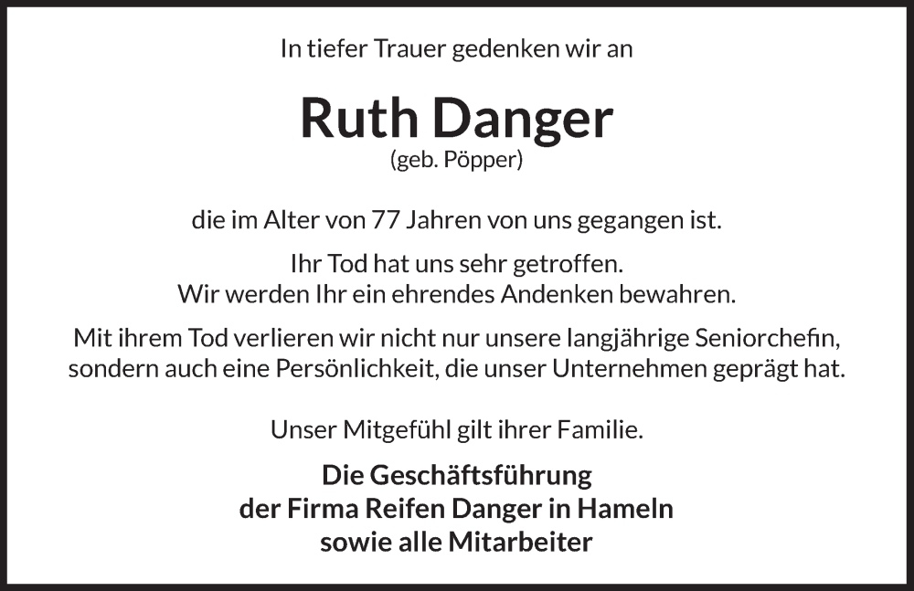  Traueranzeige für Ruth Danger vom 27.05.2023 aus Deister- und Weserzeitung