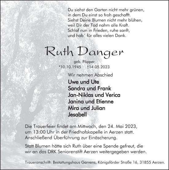Traueranzeige von Ruth Danger von Deister- und Weserzeitung