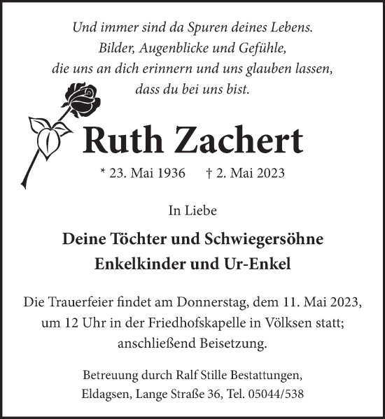 Traueranzeige von Ruth Zachert von Neue Deister-Zeitung