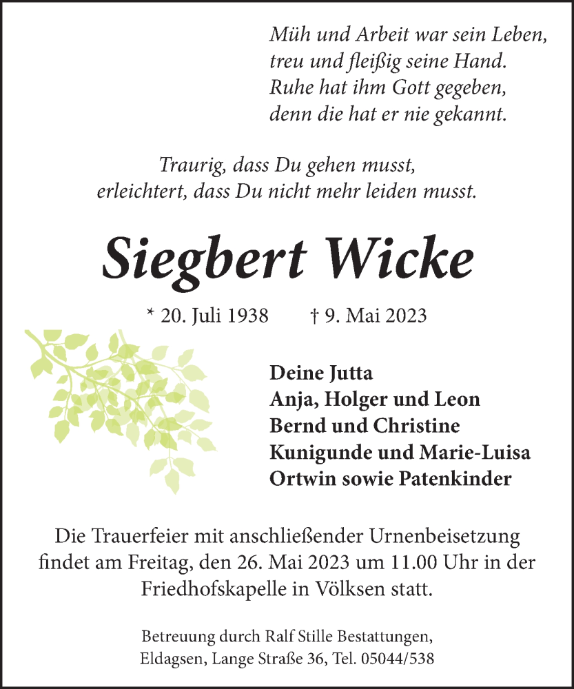  Traueranzeige für Siegbert Wicke vom 13.05.2023 aus Neue Deister-Zeitung