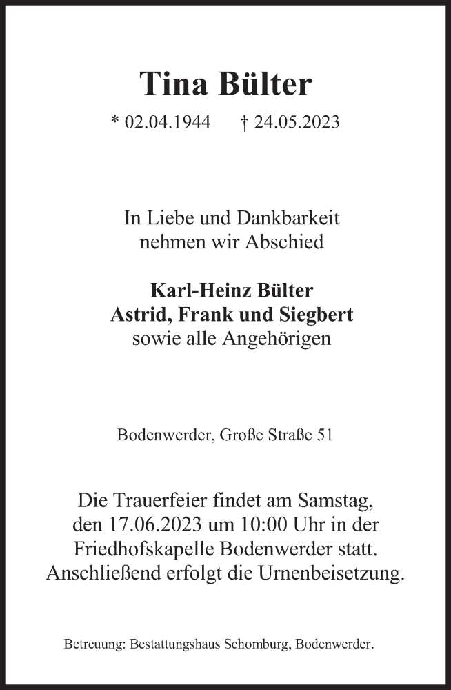  Traueranzeige für Tina Bülter vom 03.06.2023 aus Deister- und Weserzeitung