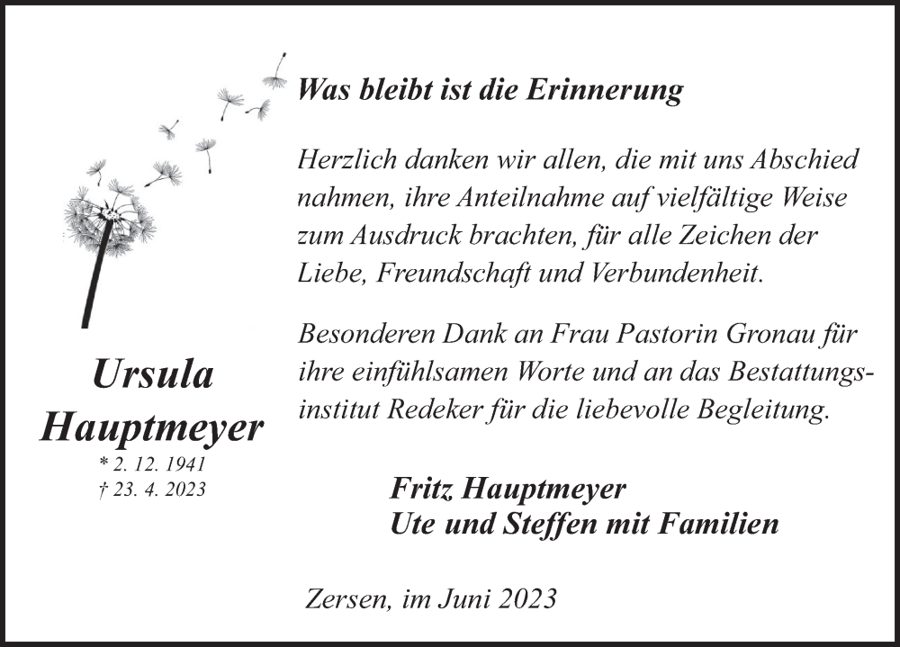  Traueranzeige für Ursula Hauptmeyer vom 03.06.2023 aus Deister- und Weserzeitung