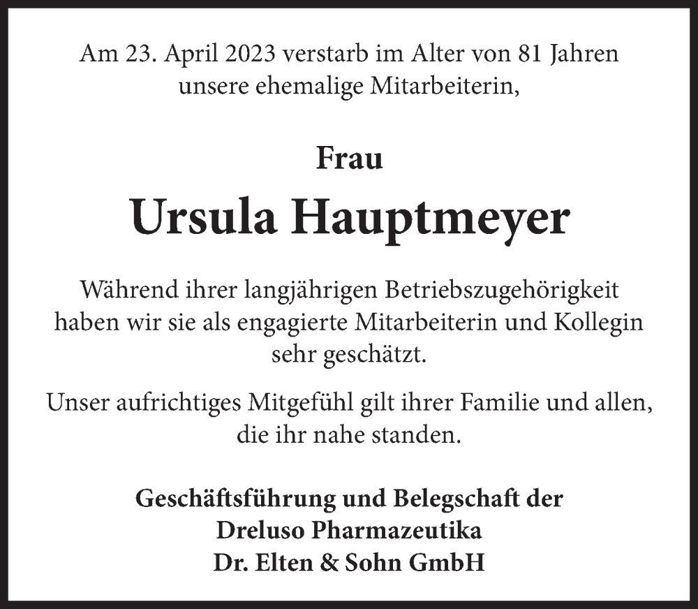 Traueranzeige für Ursula Hauptmeyer vom 05.05.2023 aus Deister- und Weserzeitung