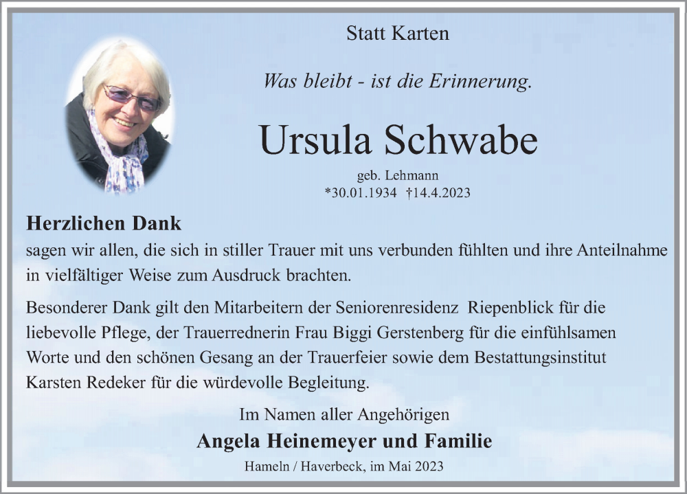  Traueranzeige für Ursula Schwabe vom 20.05.2023 aus Deister- und Weserzeitung