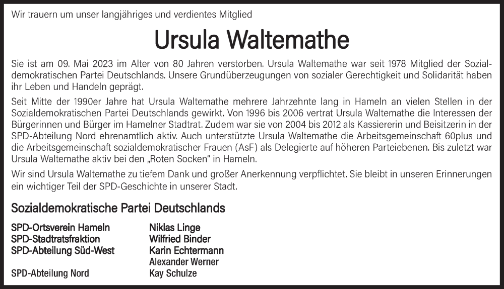  Traueranzeige für Ursula  Waltemathe vom 27.05.2023 aus Deister- und Weserzeitung