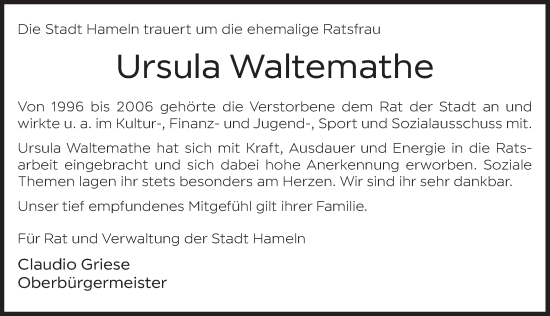 Traueranzeige von Ursula  Waltemathe von Deister- und Weserzeitung