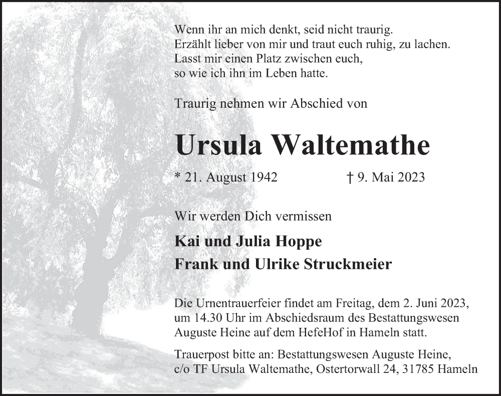 Traueranzeige für Ursula  Waltemathe vom 26.05.2023 aus Deister- und Weserzeitung