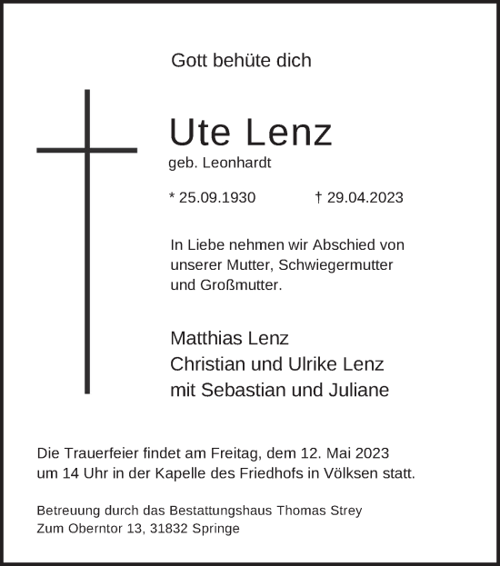 Traueranzeige von Ute Lenz von Neue Deister-Zeitung