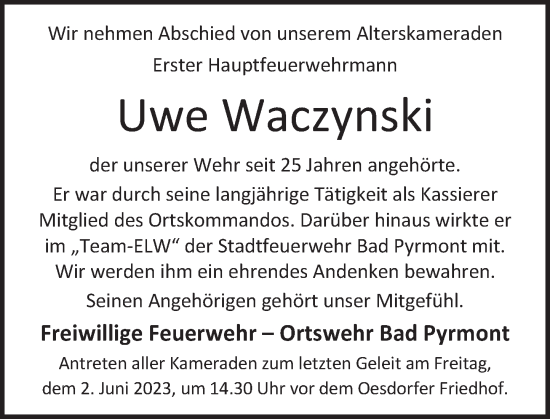 Traueranzeige von Uwe Waczynski von Deister- und Weserzeitung