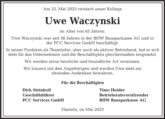 Traueranzeige von Uwe Waczynski von Deister- und Weserzeitung