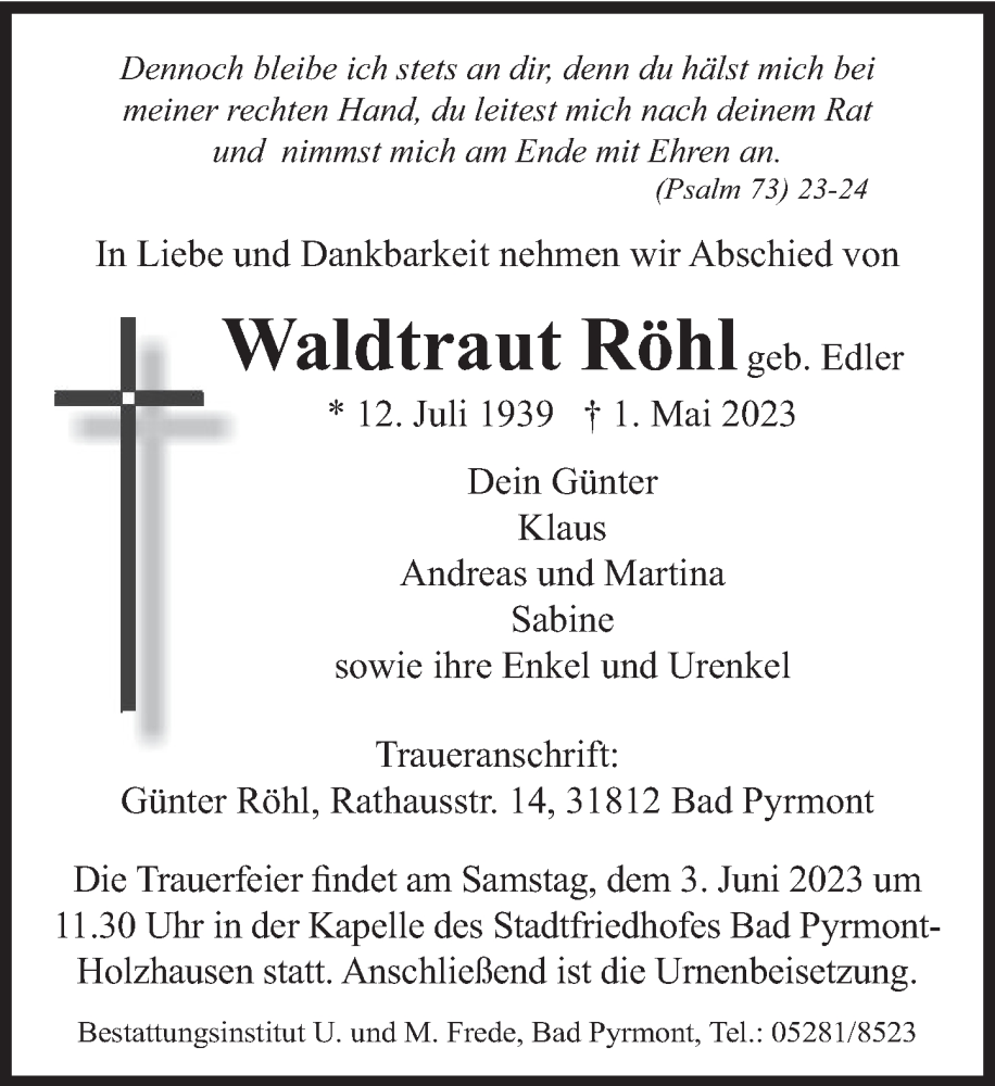  Traueranzeige für Waldtraut Röhl vom 27.05.2023 aus Deister- und Weserzeitung