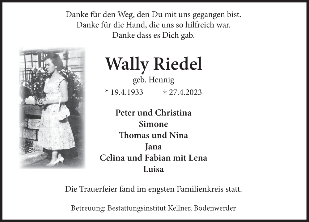 Traueranzeige für Wally Riedel vom 13.05.2023 aus Deister- und Weserzeitung