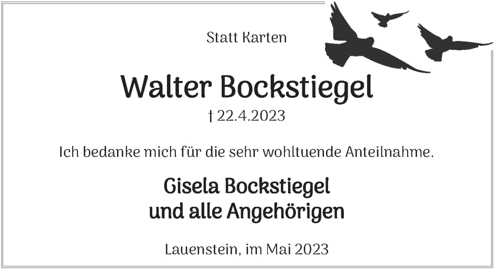  Traueranzeige für Walter Bockstiegel vom 27.05.2023 aus Deister- und Weserzeitung